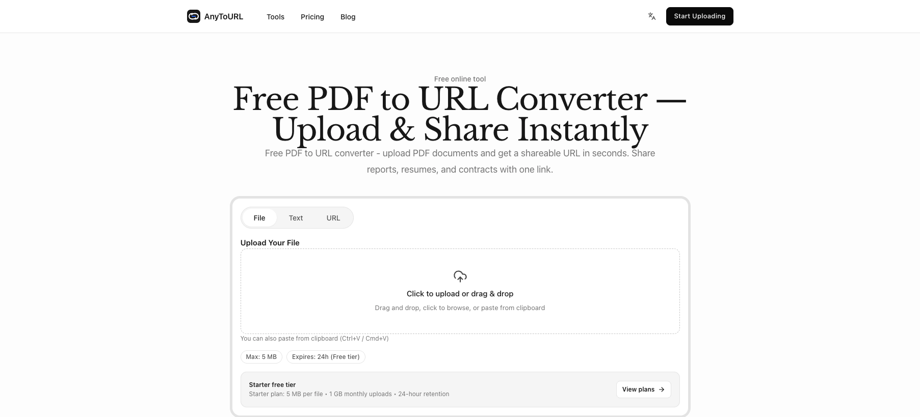 AnyToURL's PDF to URL converter tool page