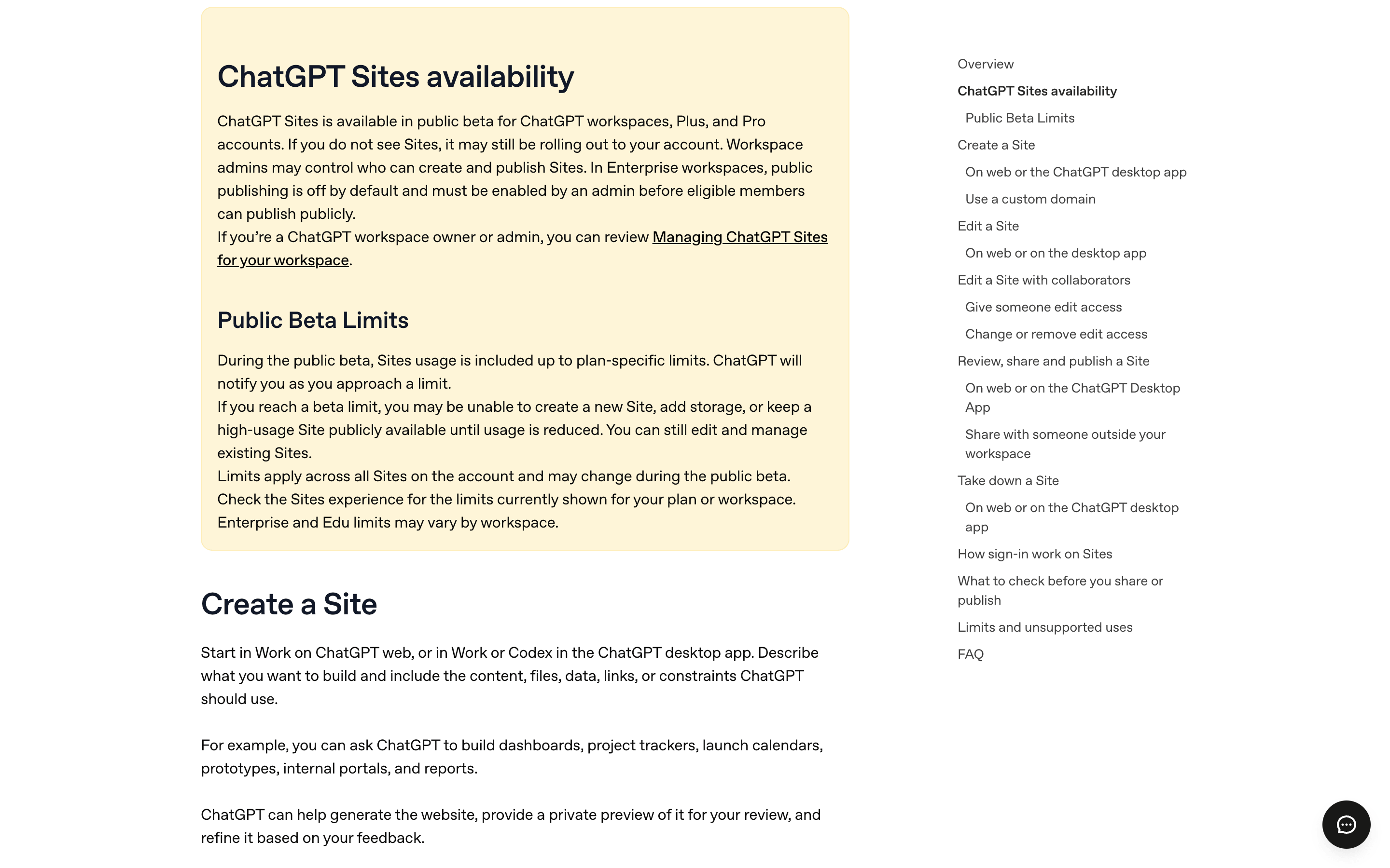 OpenAI Help Center article 'Creating and managing ChatGPT Sites' showing the availability and public beta limits sections.