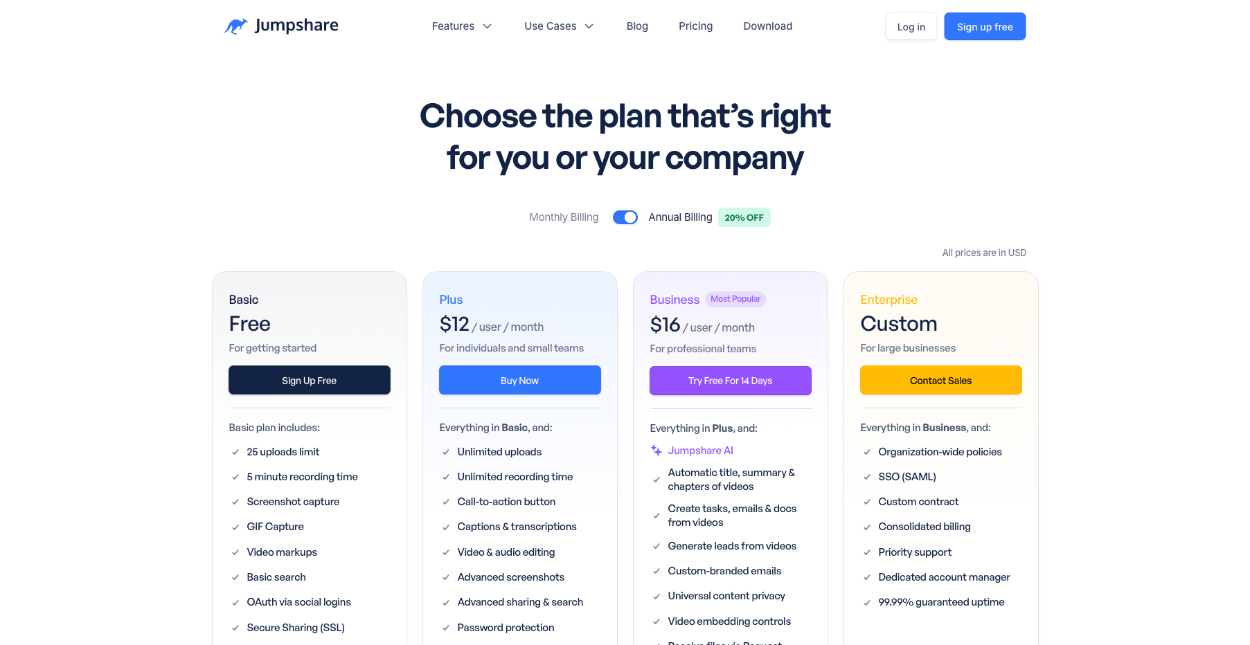Jumpshare's public pricing page showing the Basic, Plus, Business, and Enterprise plans and the free Basic plan's limits