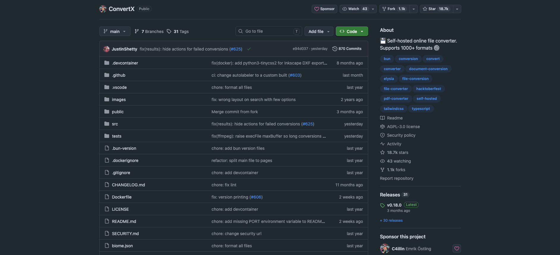 GitHub repository page for ConvertX describing it as a self-hosted online file converter supporting 1000+ formats