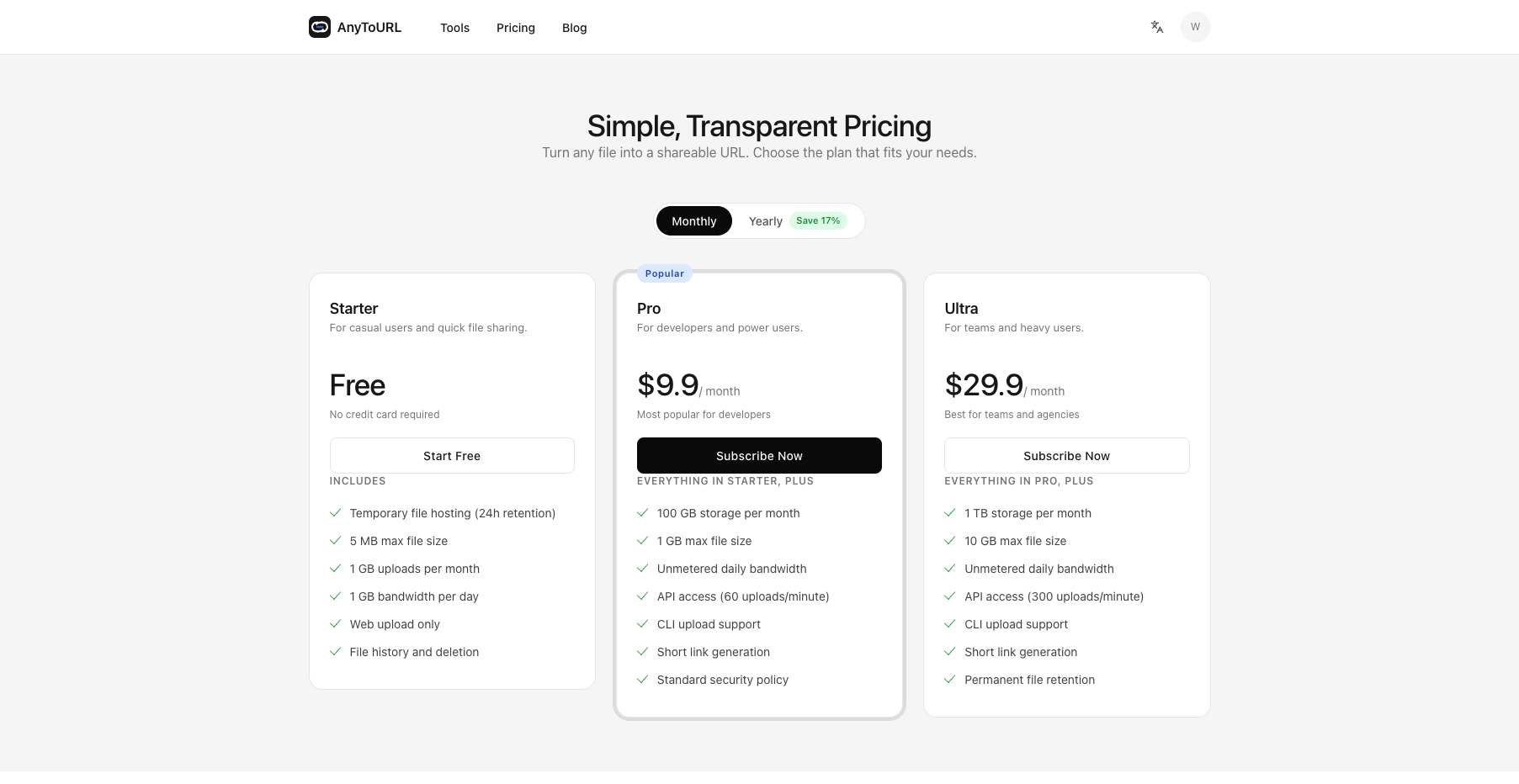 AnyToURL's public pricing page showing the free Starter plan and the Pro and Ultra tiers