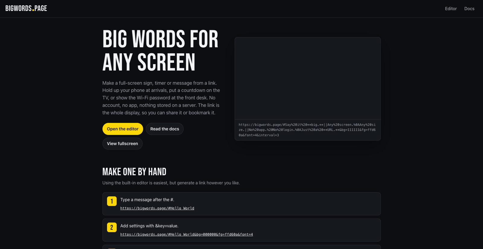 The bigwords.page homepage describing full-screen signs made from a link