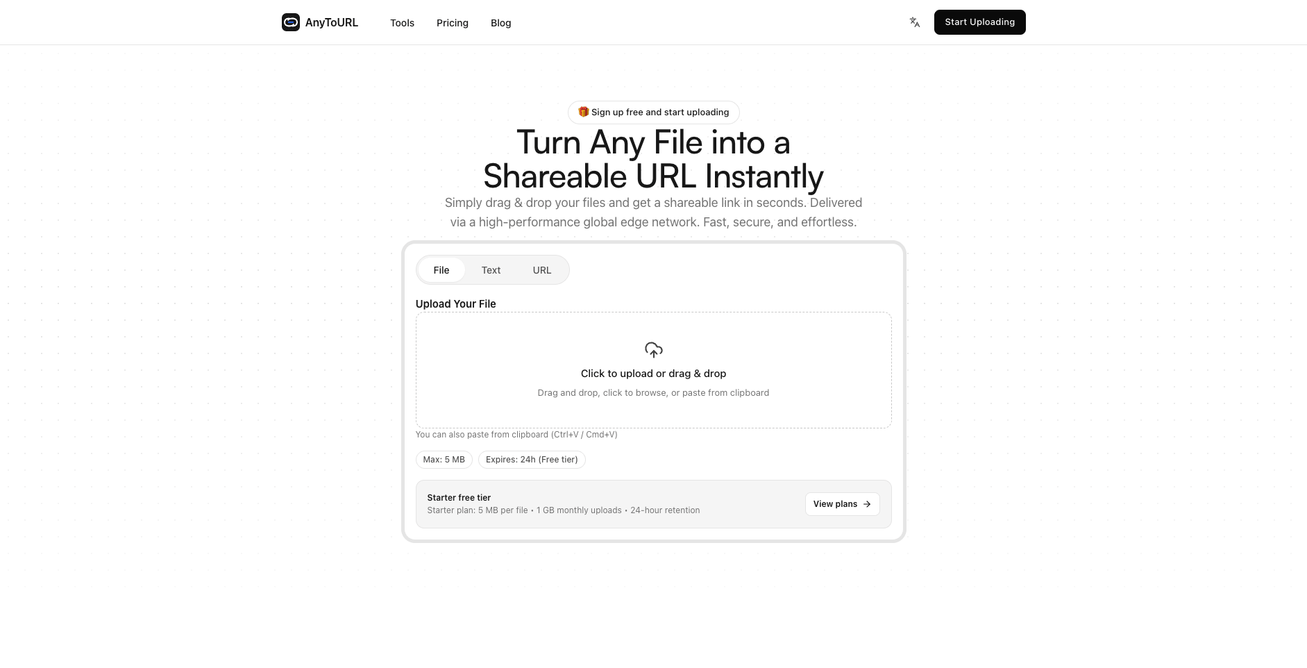 AnyToURL homepage with the drag-and-drop upload widget for turning a file into a shareable URL